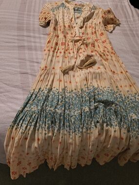 Free People Cream Midi Dress with Orange Stars & Teal Floral